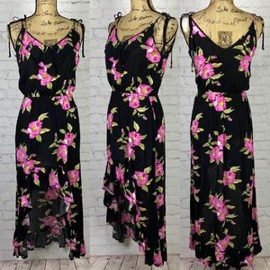 Mimi Chica Crinkly Black Floral Ruffled High Lo Maxi